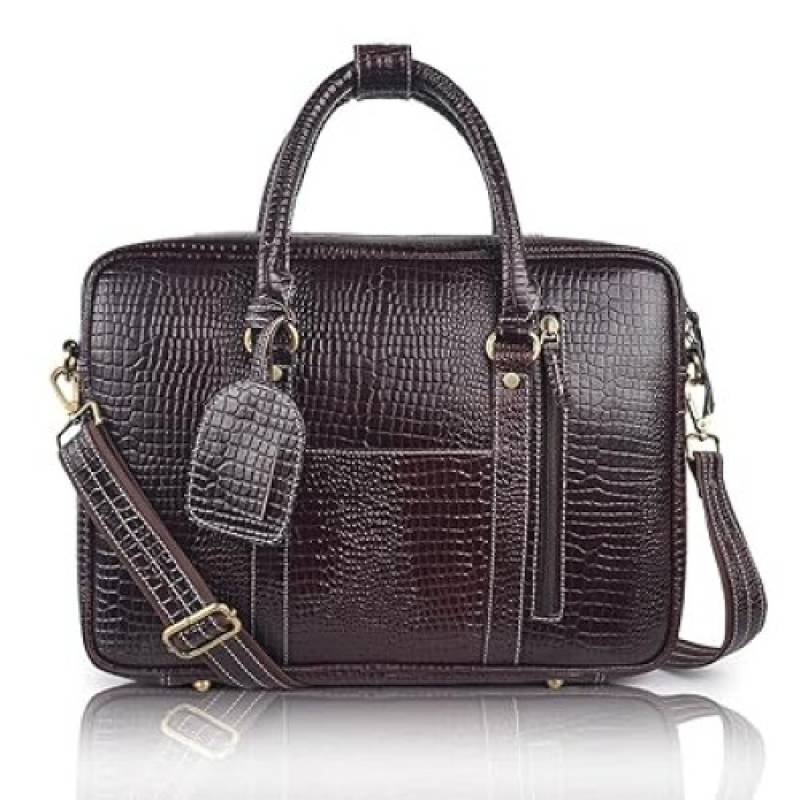 FERNWEH Leather Croco Pattern Laptop Messenger Bag ? 15.6 Inch Office Satchel for Men ? Business Travel Professional Laptop Bag, Hand Bag with Thick Padded Compartment, Scratch-Resistant (Brown)