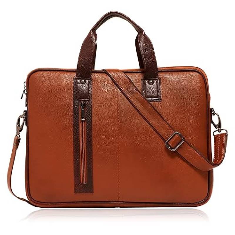 FERNWEH NDM Leather Laptop Bag - Leather Office Bag for Men | 15.6 Inch Professional Laptop Bag, Hand Bag | Adjustable Straps & Multiple Compartments | - (Brown+Tan)