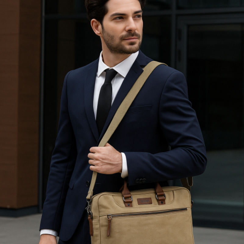Green Canvas + Hunter Leather Laptop Bag – 35 x 5 x 40 cm