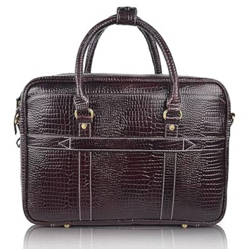 FERNWEH Leather Croco Pattern Laptop Messenger Bag ? 15.6 Inch Office Satchel for Men ? Business Travel Professional Laptop Bag, Hand Bag with Thick Padded Compartment, Scratch-Resistant (Brown)