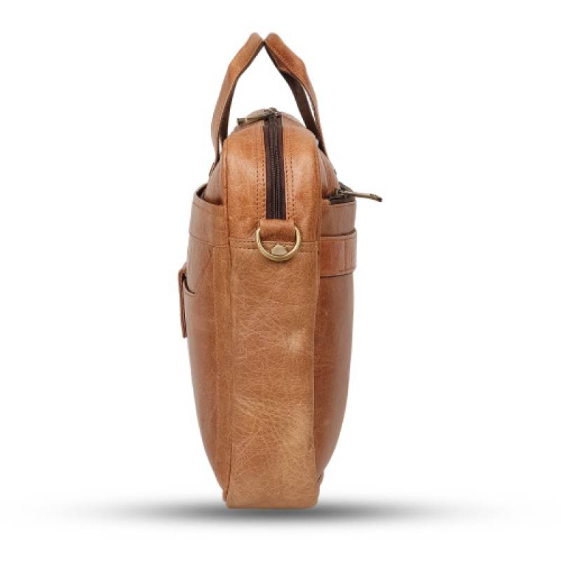 FERNWEH Tan Leather Messenger Bag, 16 inch Laptop Compartment, 4 Compartments, Pen Pocket, 2 Phone Pockets, Trolley Strap