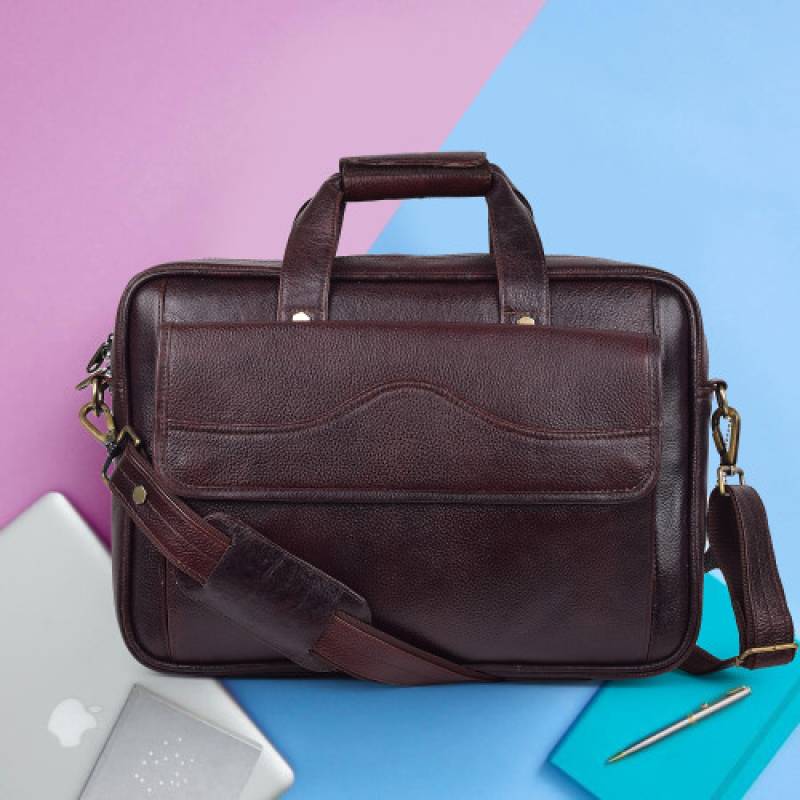 NDM Leather Large Laptop Bag – 17x6x12 Inches, 4 Laptop Compartments, with Trolley Strap