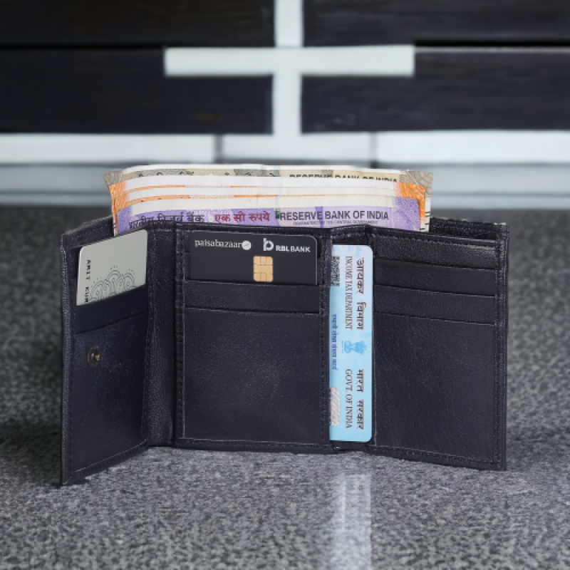 Black Leather Wallet Mens' bifold wallet with 10 card slots & a coin pocket