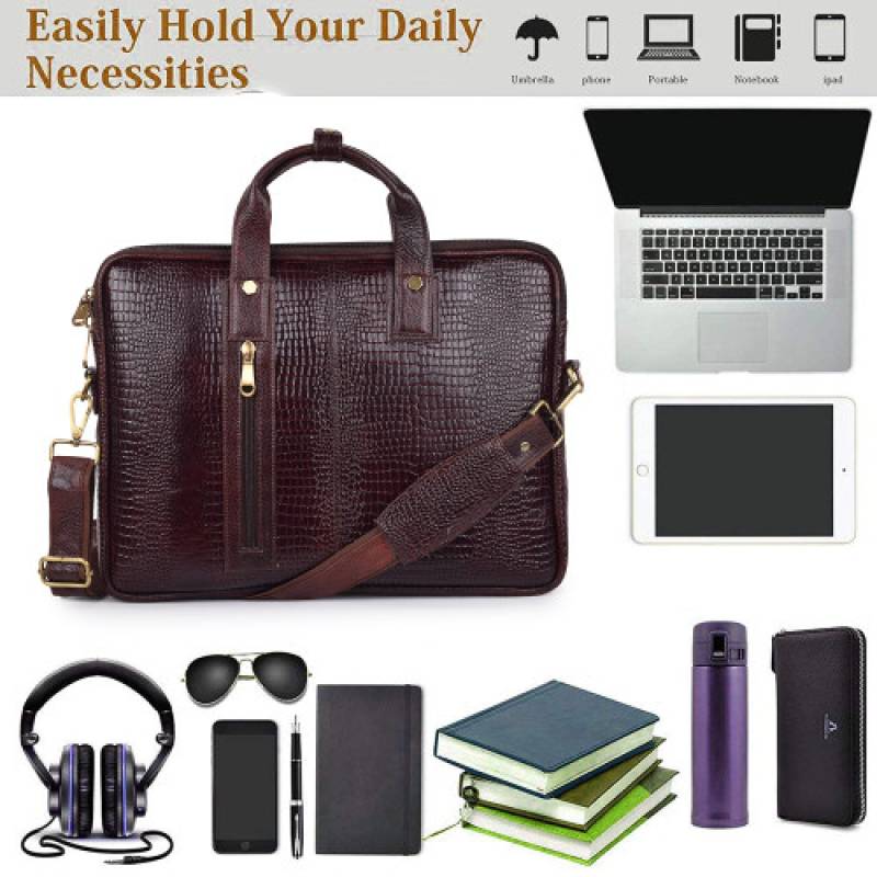 16-Inch Croco Leather Laptop Messenger Bag – Fits 15.5-Inch Laptops, 3 Spacious Compartments