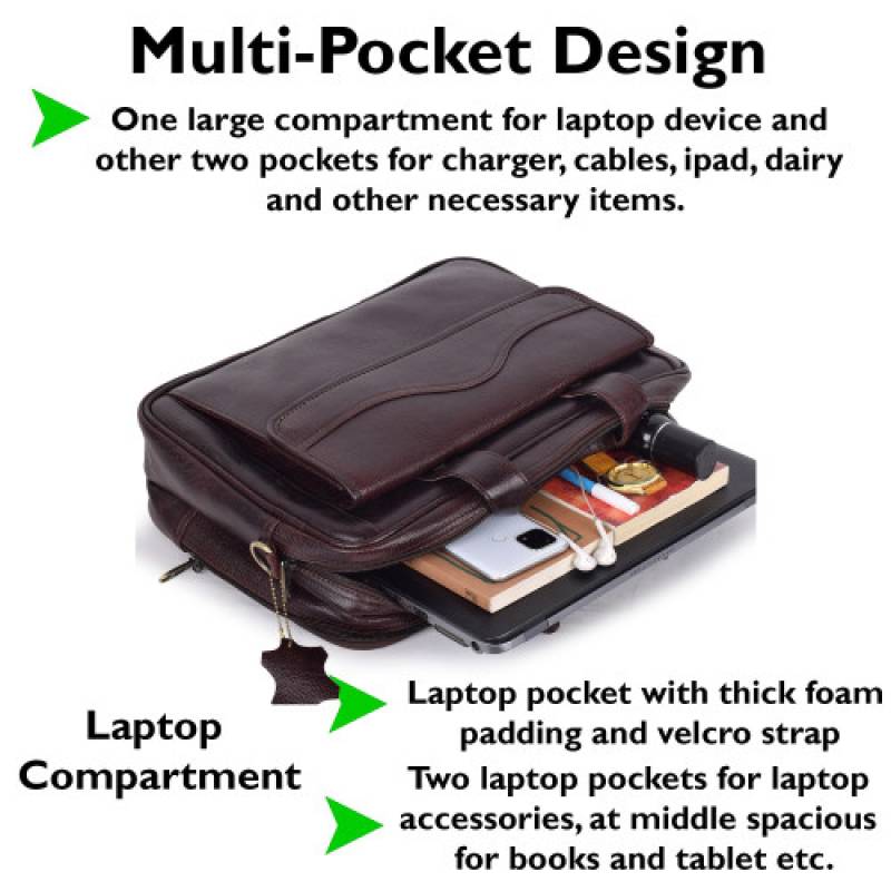 NDM Leather Large Laptop Bag – 17x6x12 Inches, 4 Laptop Compartments, with Trolley Strap