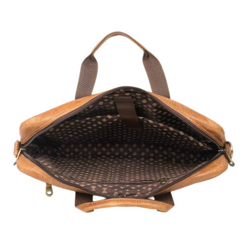 FERNWEH Tan Leather Messenger Bag, 16 inch Laptop Compartment, 4 Compartments, Pen Pocket, 2 Phone Pockets, Trolley Strap