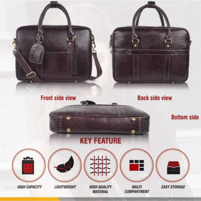 FERNWEH Croco Leather Brown Office Messenger Bag |15.6 inch| Padded Compartment | Detachable and Adjustable Shoulder Straps with Special Anti-Rust Fittings
