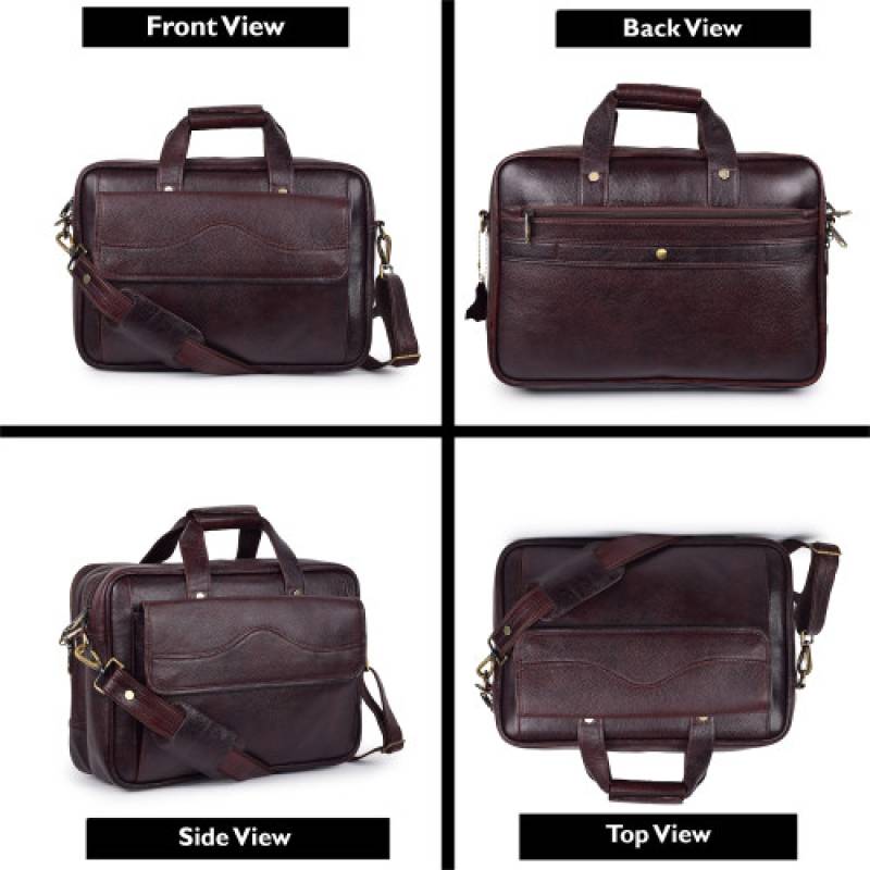 NDM Leather Large Laptop Bag – 17x6x12 Inches, 4 Laptop Compartments, with Trolley Strap