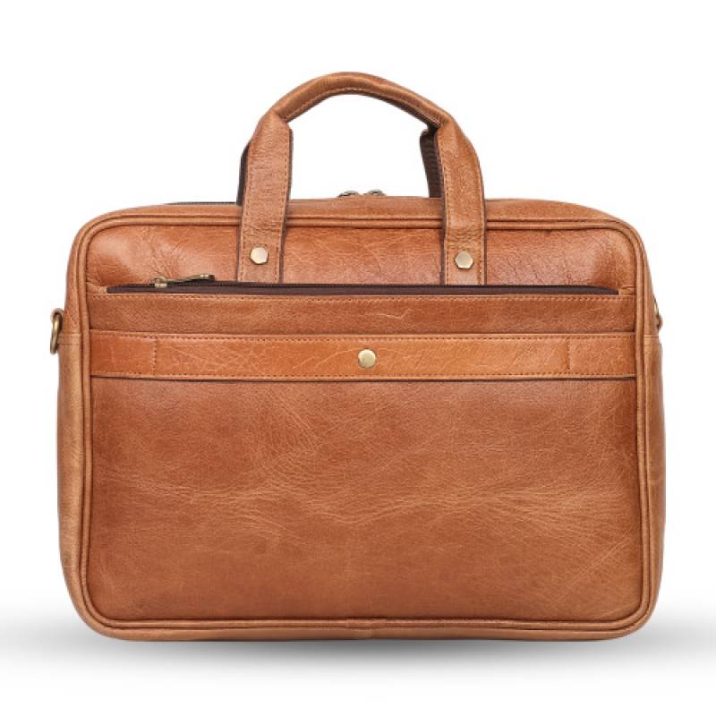 FERNWEH Tan Leather Messenger Bag, 16 inch Laptop Compartment, 4 Compartments, Pen Pocket, 2 Phone Pockets, Trolley Strap