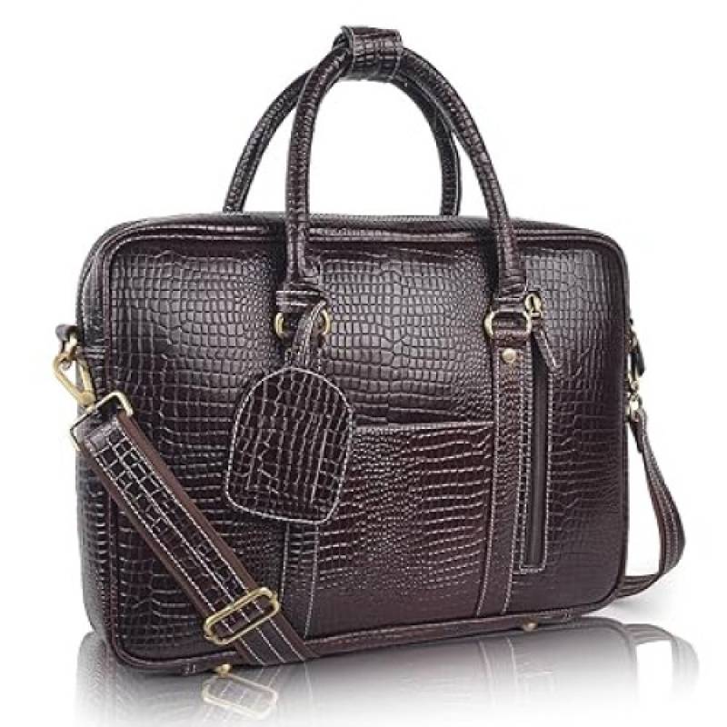 FERNWEH Leather Croco Pattern Laptop Messenger Bag ? 15.6 Inch Office Satchel for Men ? Business Travel Professional Laptop Bag, Hand Bag with Thick Padded Compartment, Scratch-Resistant (Brown)